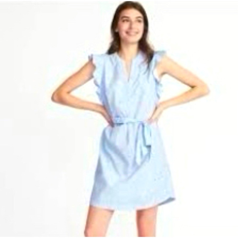 Old Navy Light Blue Pinstripe Floral Print Ruffle Sleeve Belted Dress Womens M